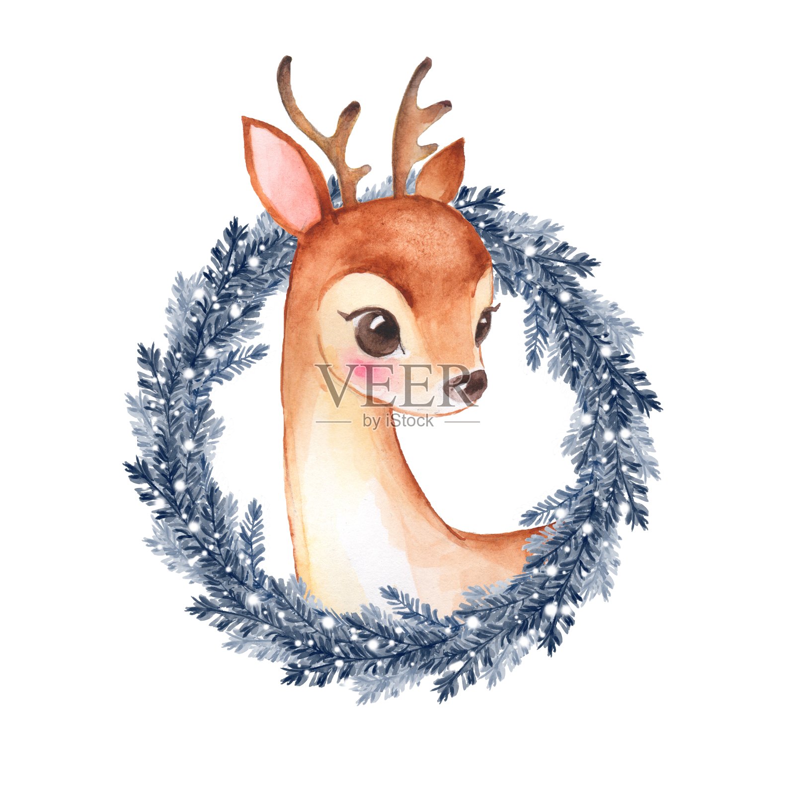 婴儿鹿。可爱的小鹿和圣诞花环插画图片素材