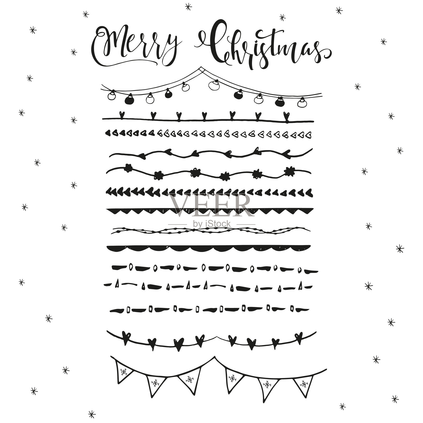 手工绘制的圣诞边界与字母的收集。插画图片素材