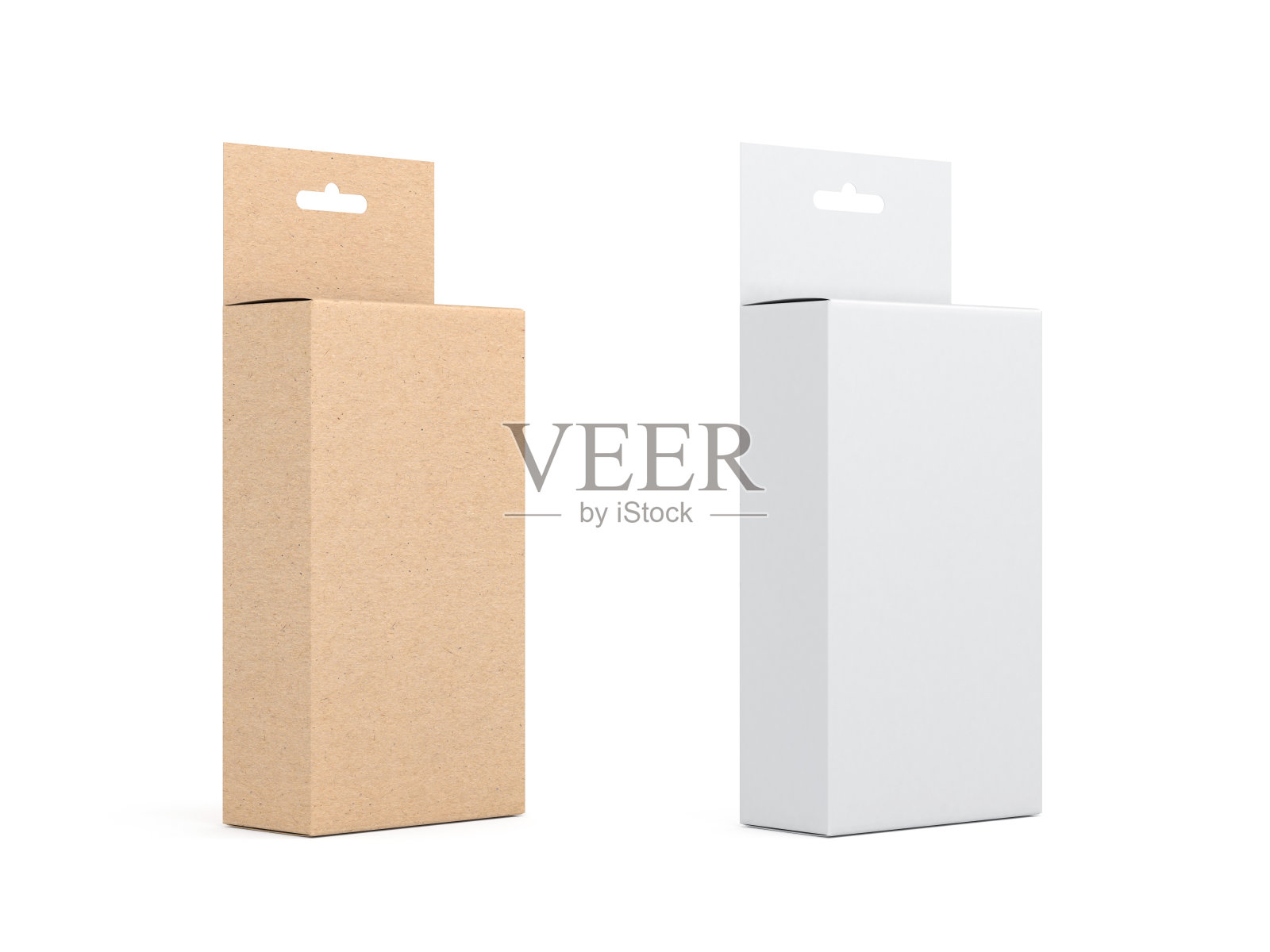 两个纸板箱与悬挂标签包装模型，白色和牛皮纸棕色照片摄影图片