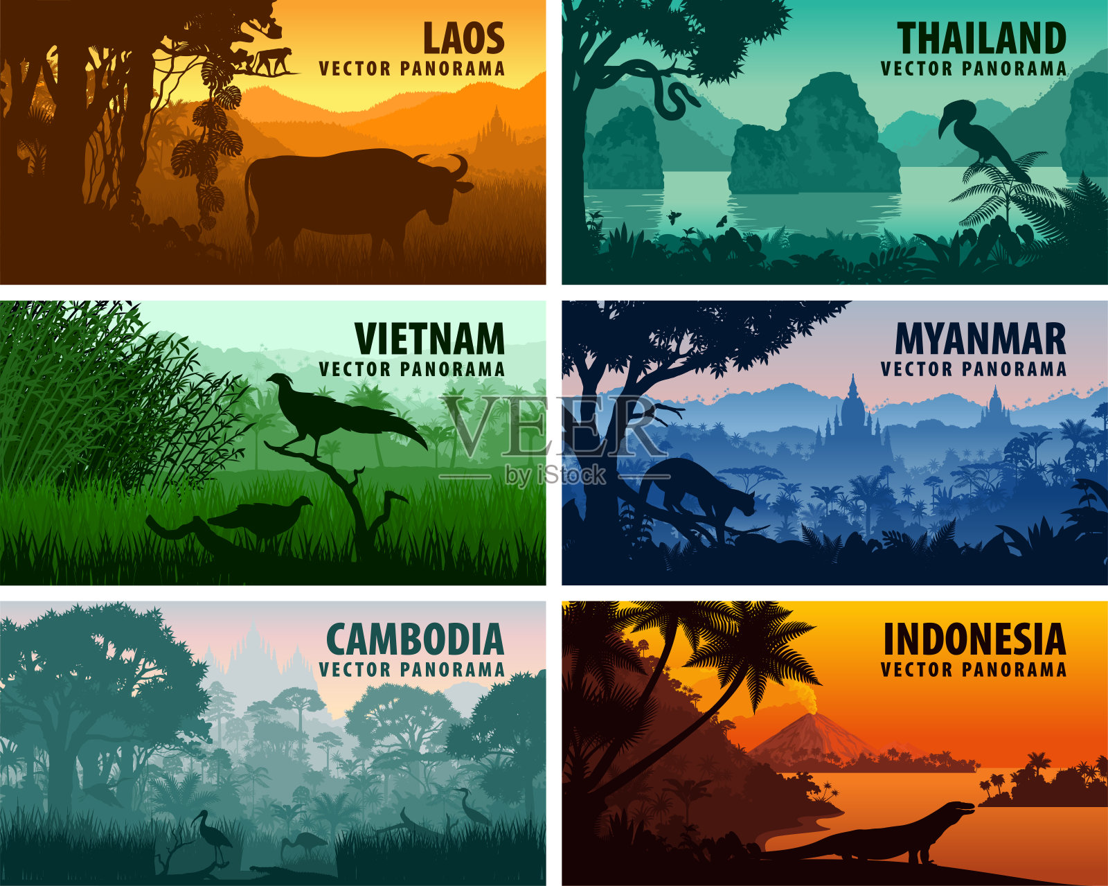 矢量全景老挝，越南，柬埔寨，泰国，缅甸，印度尼西亚插画图片素材