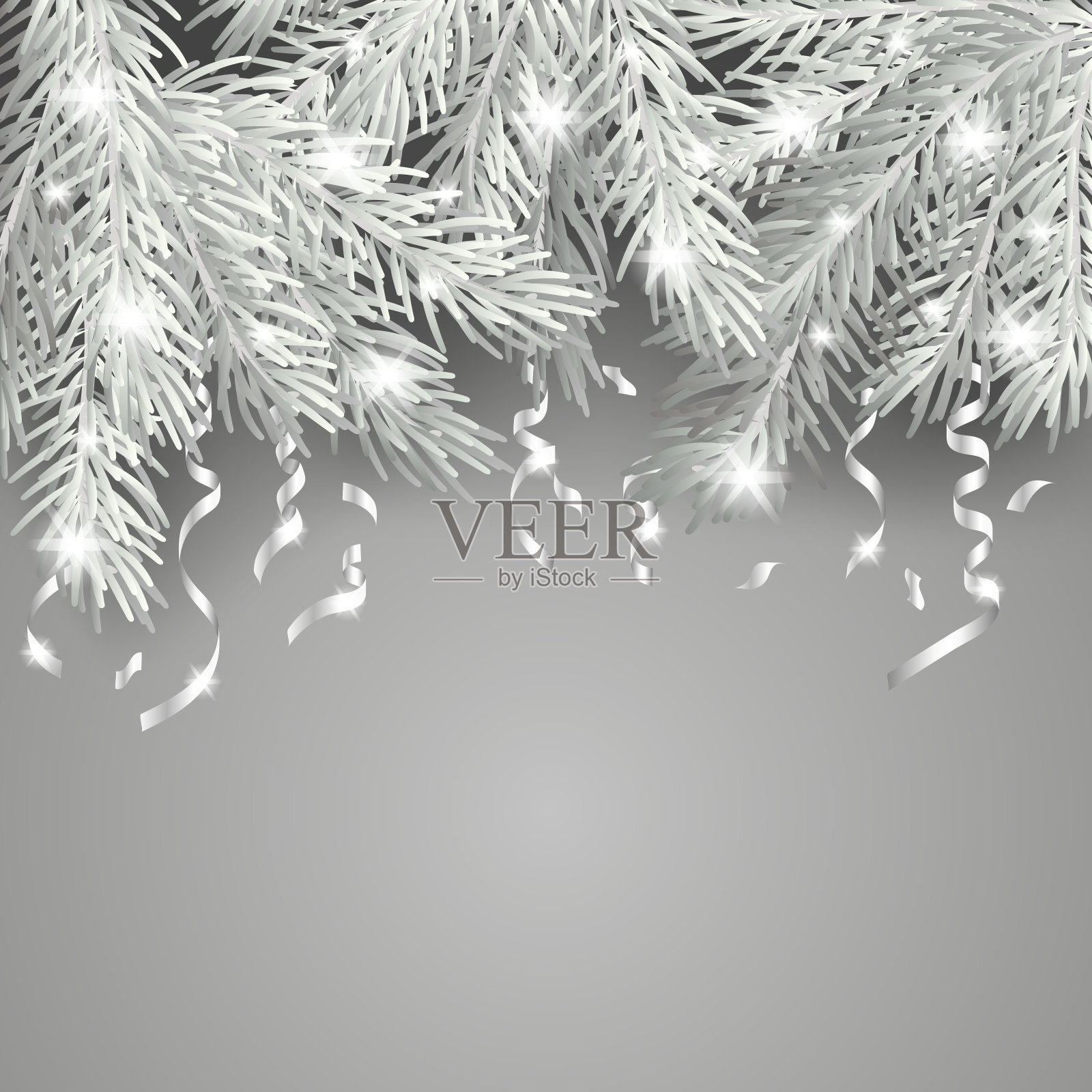 白色和闪亮的圣诞树树枝与银色蛇纹石在灰色的背景。圣诞快乐和新年快乐的背景海报，传单，横幅和封面的日历2018。插画图片素材