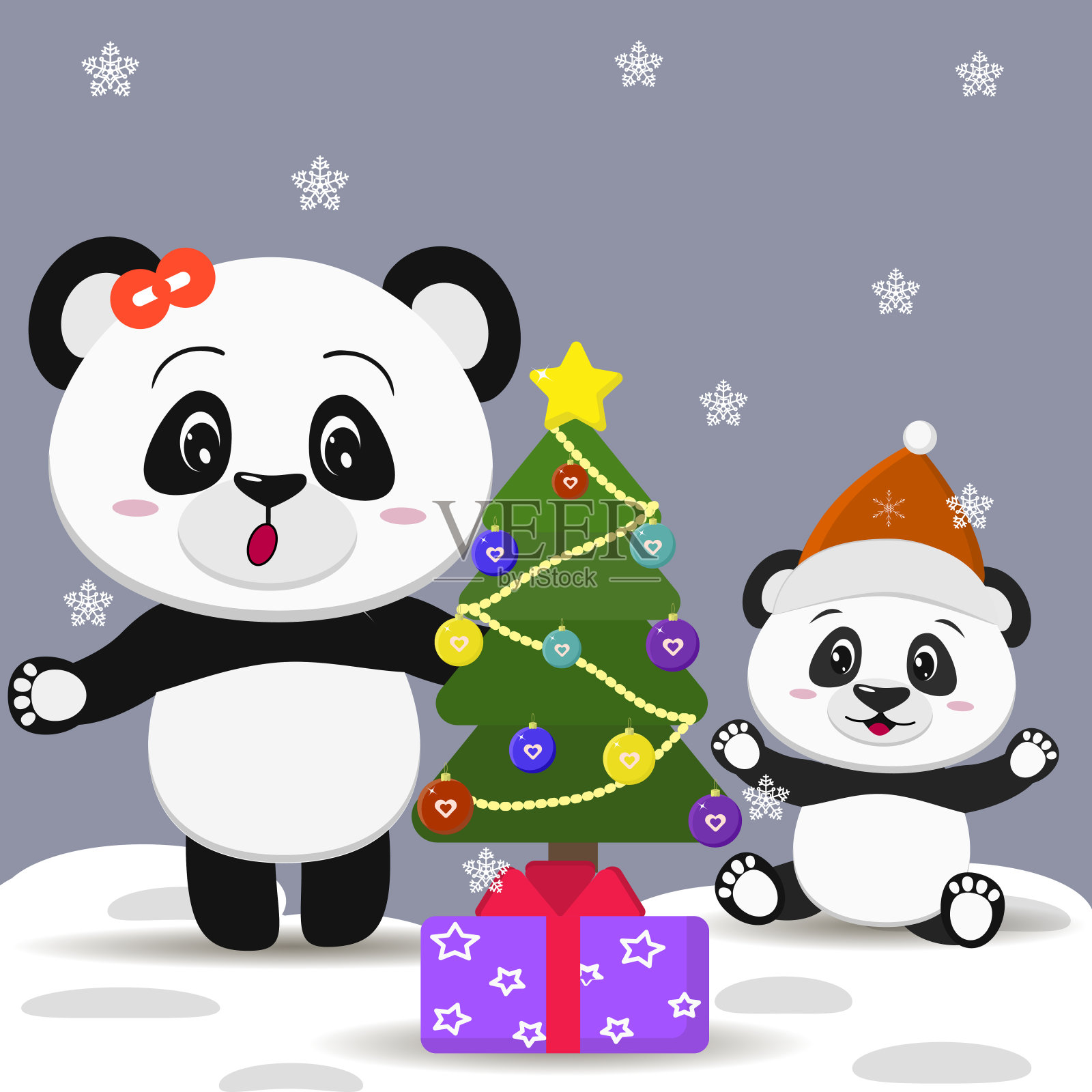 带着蝴蝶结的熊猫和戴着圣诞帽的熊猫宝宝在新年树和礼物盒附近插画图片素材