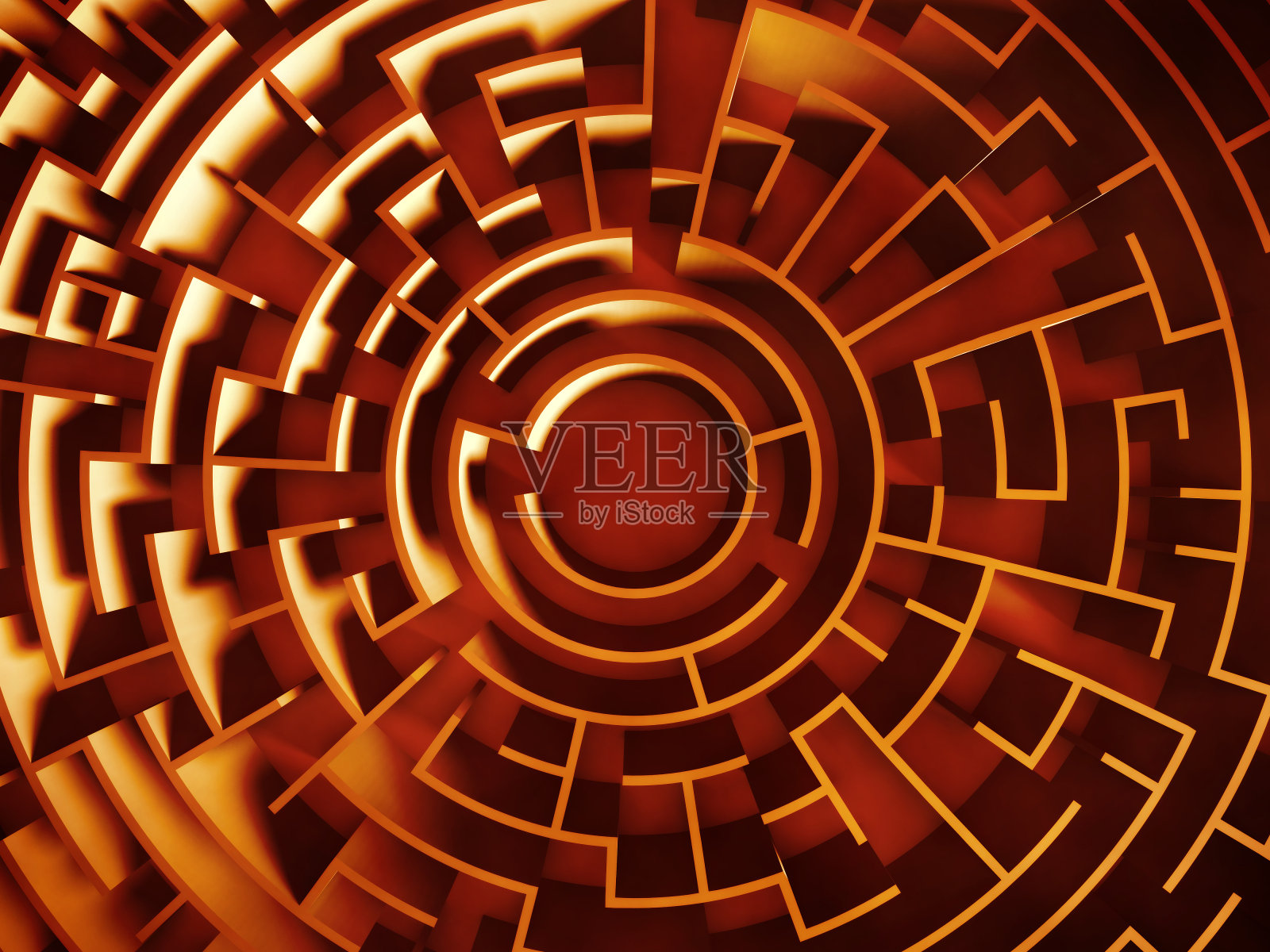 巨大的圆形迷宫结构(橙色照明的3d插图)照片摄影图片