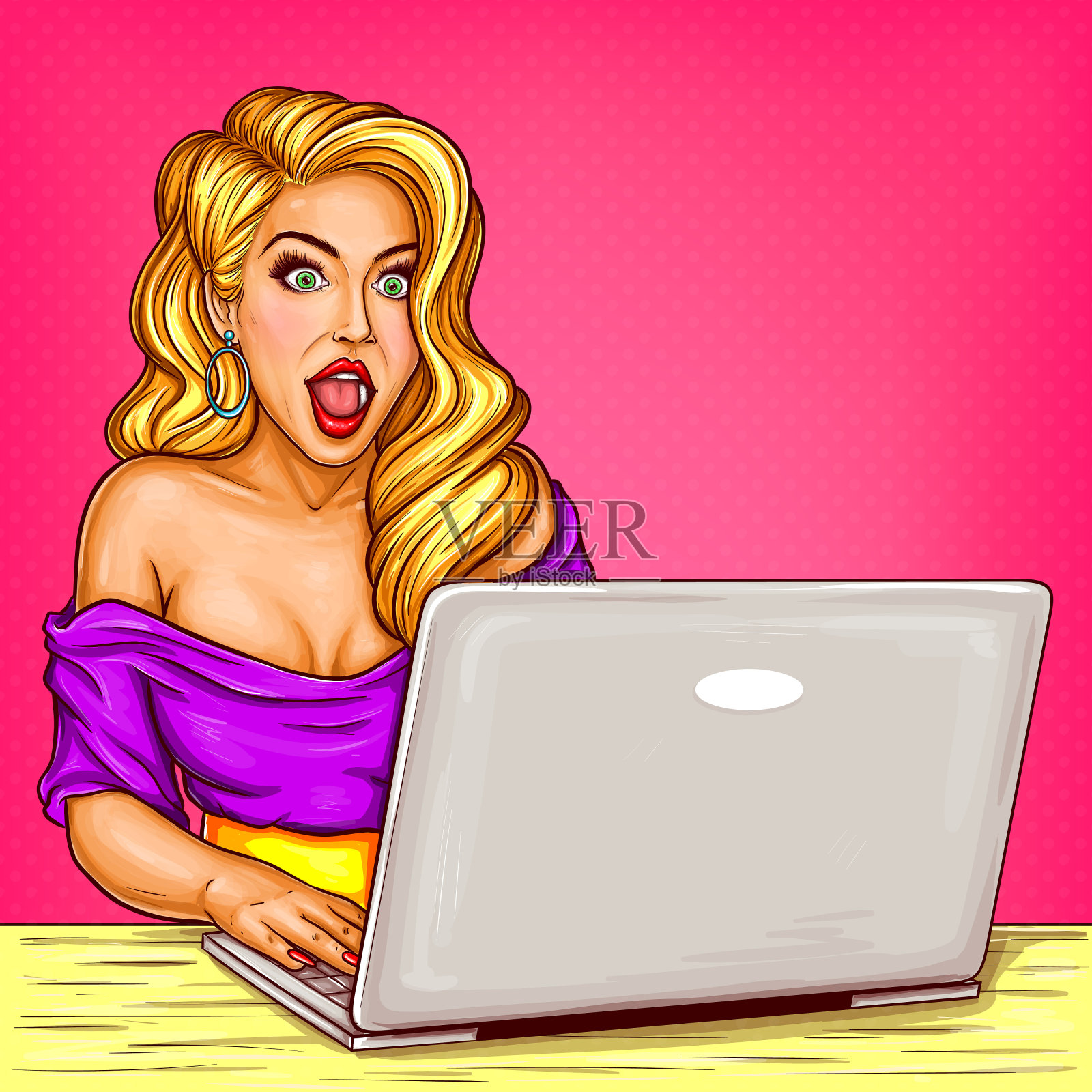 金发女孩在电脑后面工作的网络博主插画图片素材