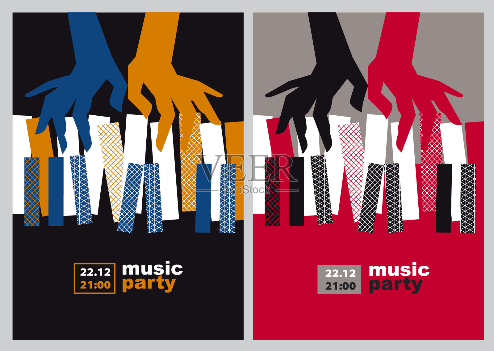 手和钢琴键矢量插图。现代概念爵士音乐会海报设计模板素材