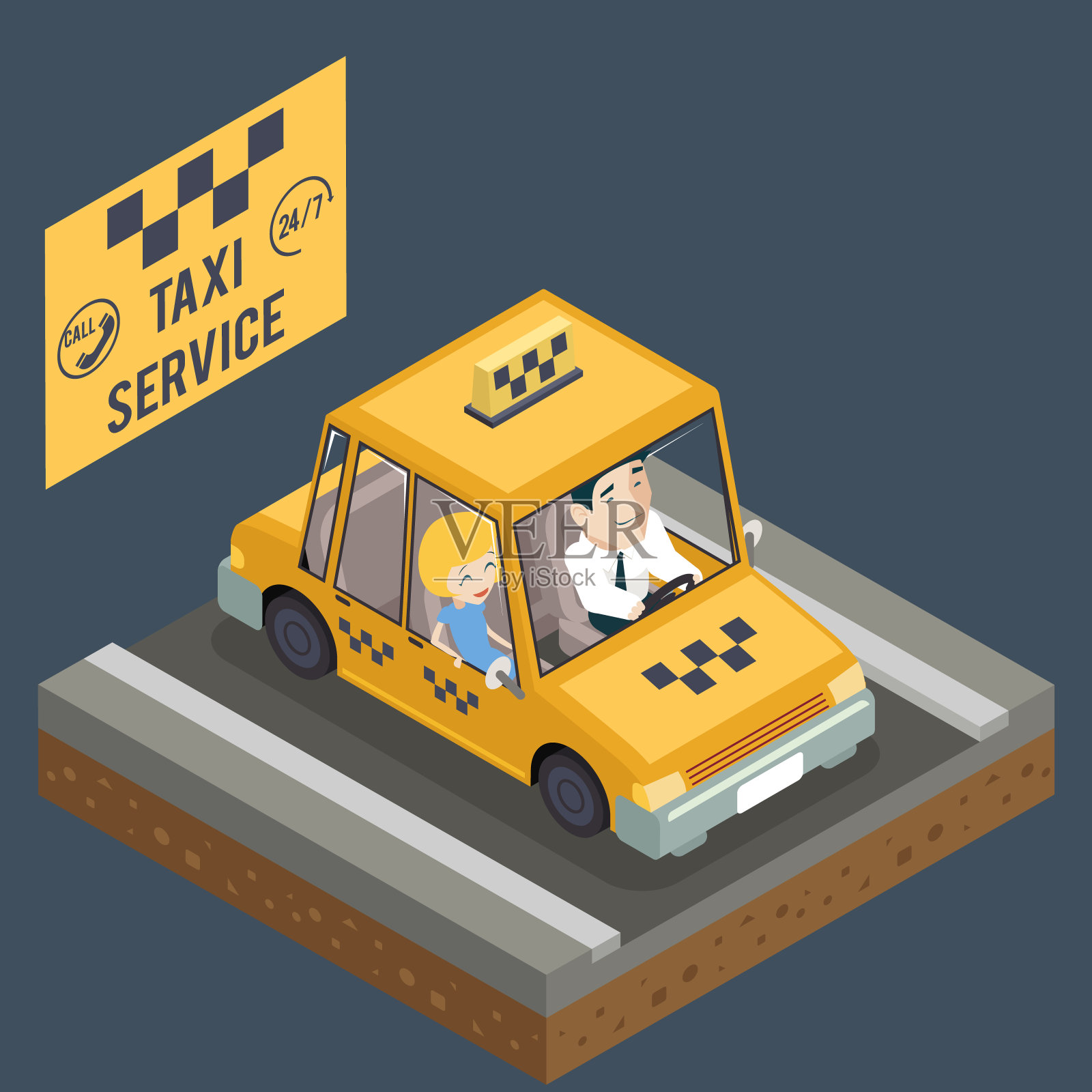 出租车旅行黄色出租车运输城市城市汽车道路等距三维平面设计概念图标矢量插图插画图片素材