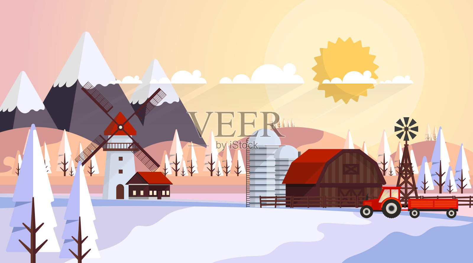 美丽的自然冬季农业乡村矢量景观插图插画图片素材