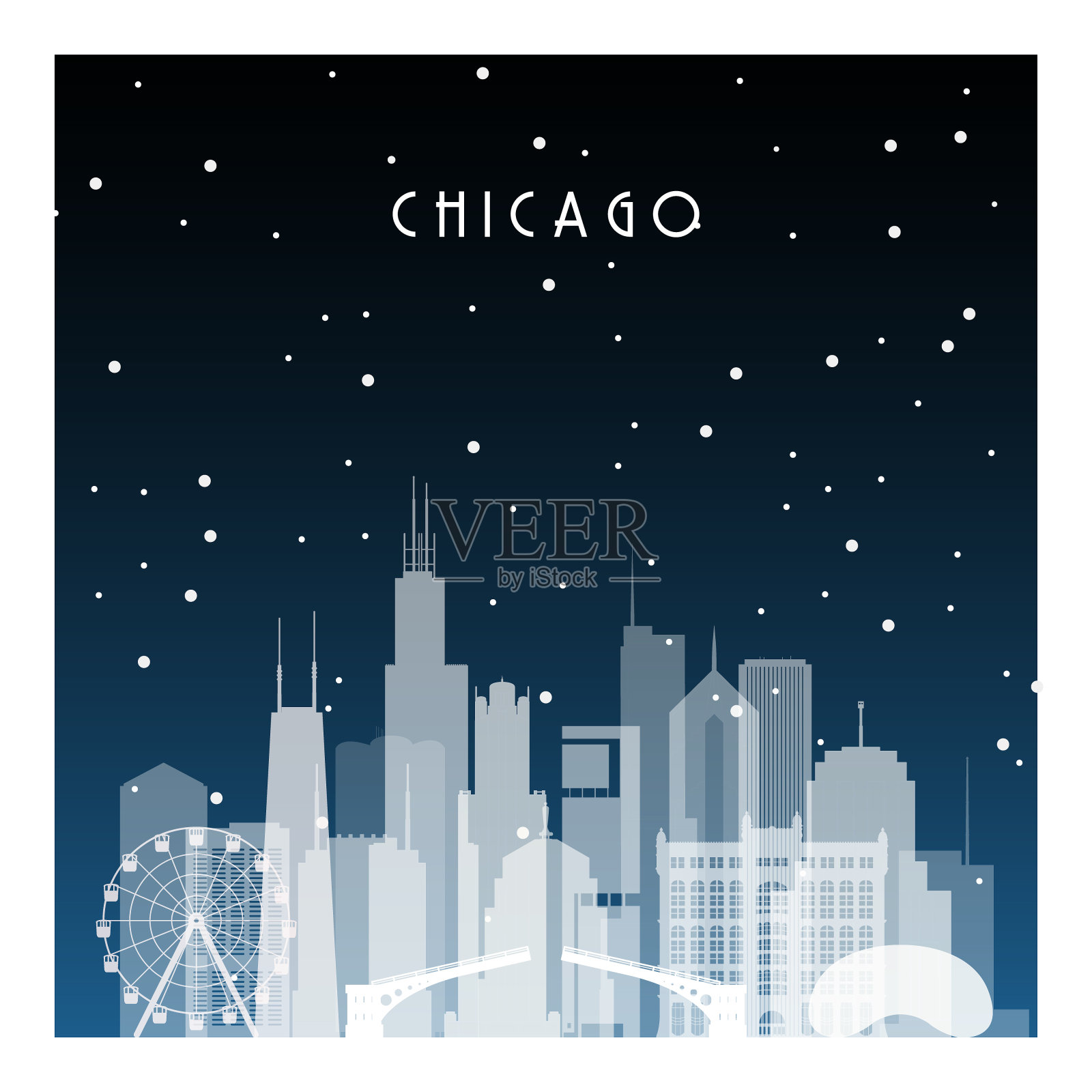 芝加哥的冬夜。夜晚城市在平面风格的横幅，海报，插图，游戏，背景。背景图片素材
