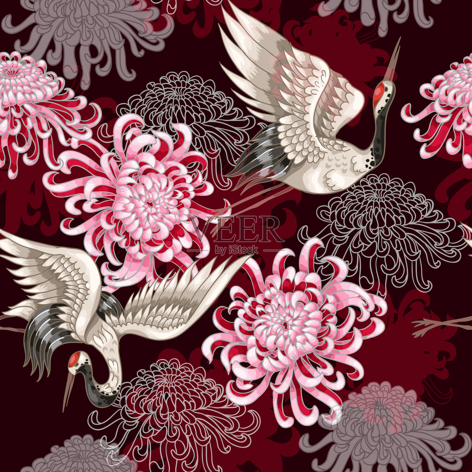 无缝图案与日本白鹤和菊花在红葡萄酒背景上的纺织品设计插画图片素材