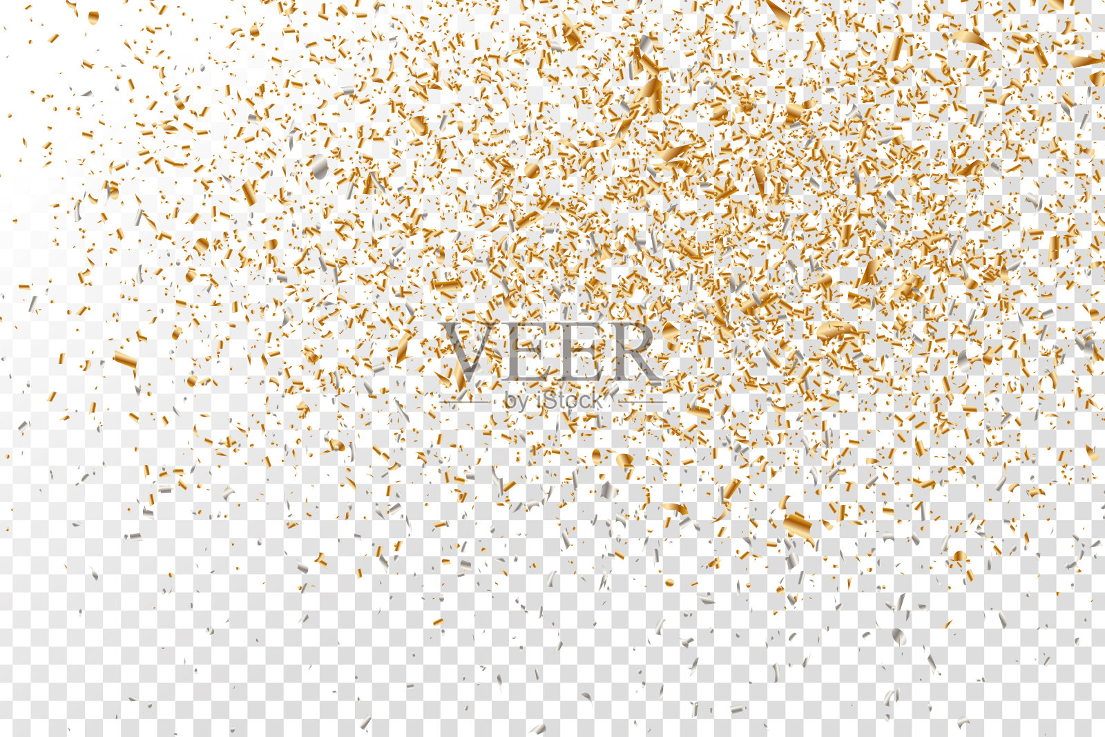 矢量现实的金色五彩纸屑在透明的背景。生日快乐、聚会和节日的概念。设计元素图片