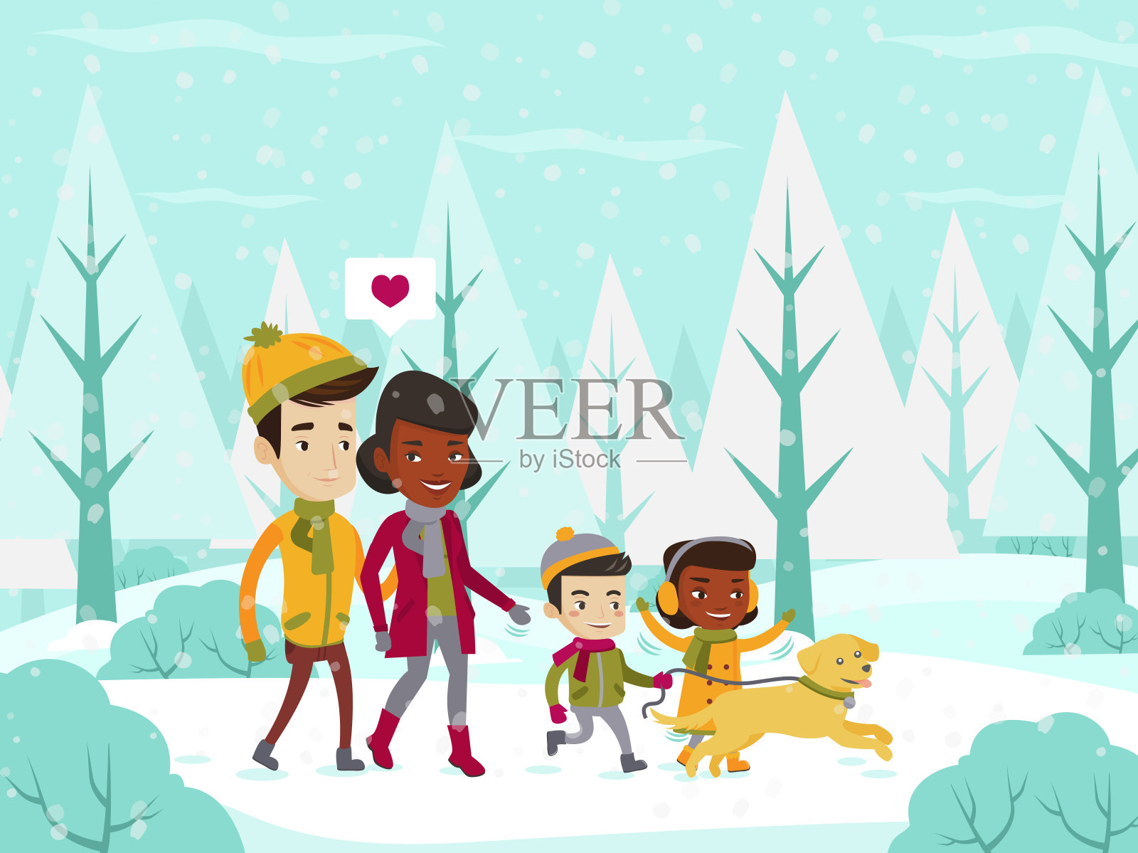 多民族家庭走在冬季雪林插画图片素材