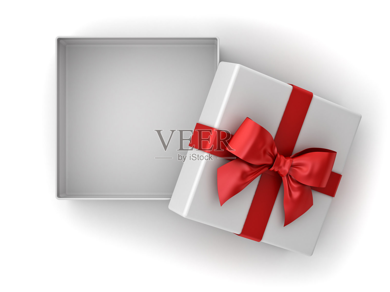 打开礼物盒，圣诞礼物盒用红色丝带蝴蝶结和空白的盒子孤立在白色的背景与阴影插画图片素材