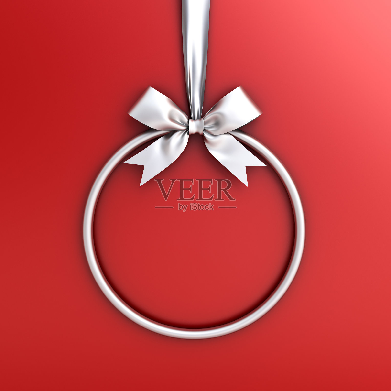 银色的圆框挂着银色的丝带和蝴蝶结，用来装饰圣诞节和其他孤立在红色背景上的活动。三维渲染设计元素图片