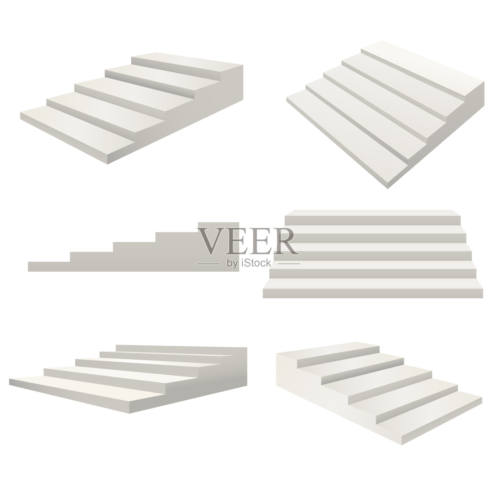 真实详细的3d模板空白的白色楼梯梯子不同类型的设置。向量插画图片素材