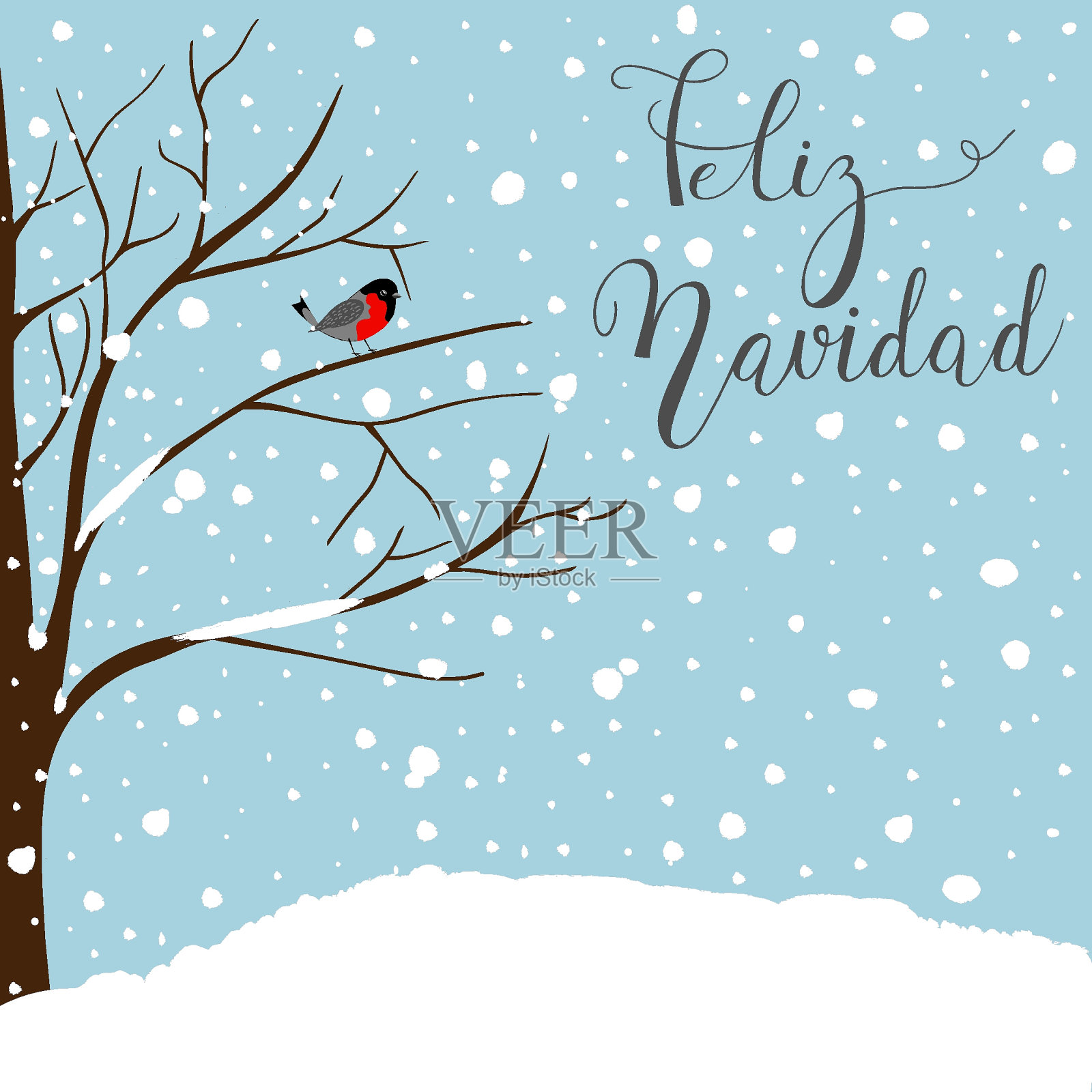 冬天的风景。新年贺卡。森林落雪红帽知更鸟坐在树上。蓝色的天空。独特的费利斯纳维达手写字母在西班牙圣诞快乐插画图片素材