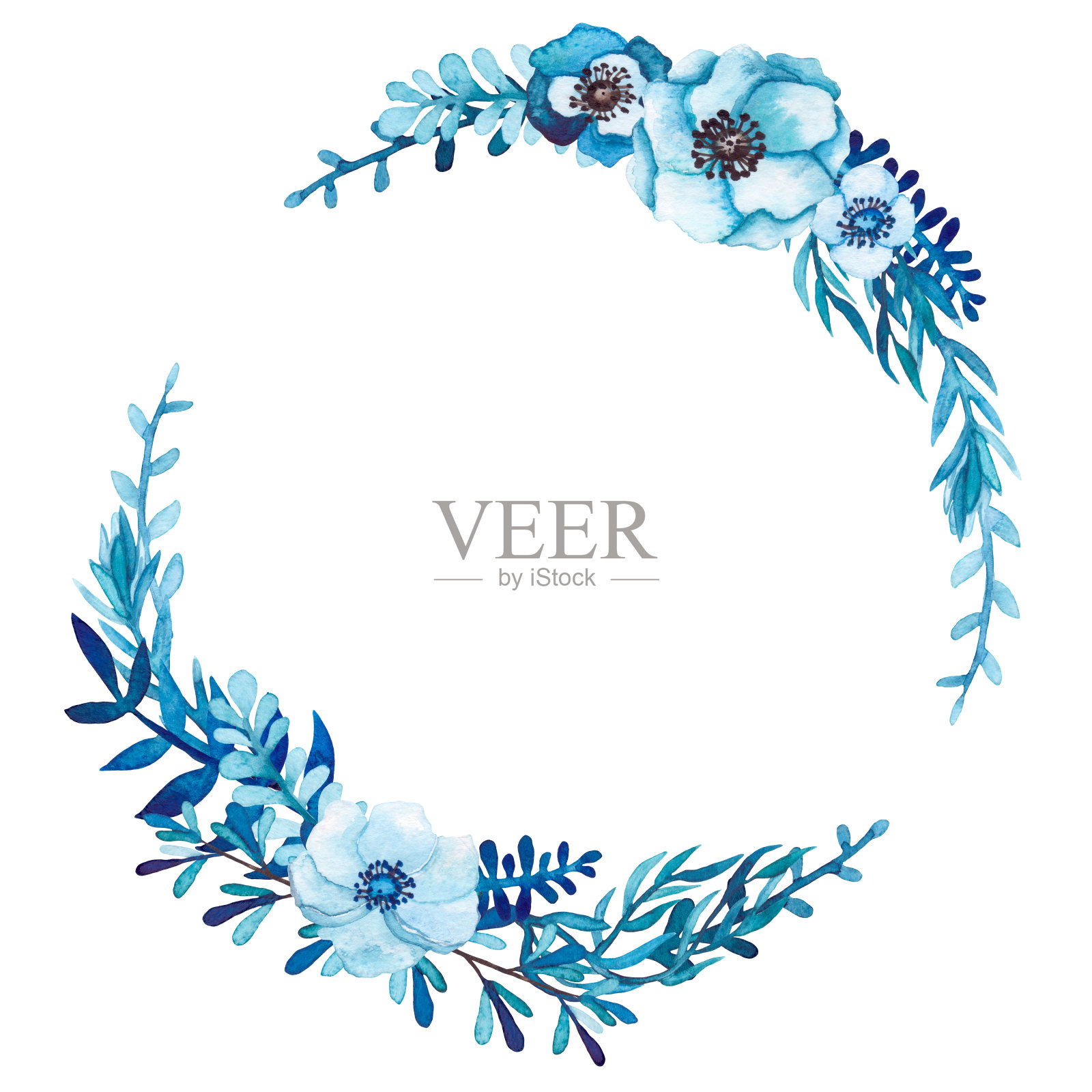 水彩花环与蓝色的花和叶设计元素图片