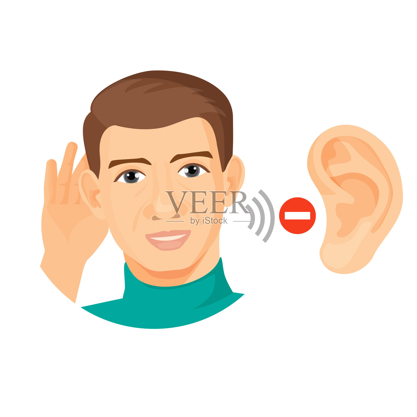 耳聋男性角色，有耳朵特写和停止标志插画图片素材