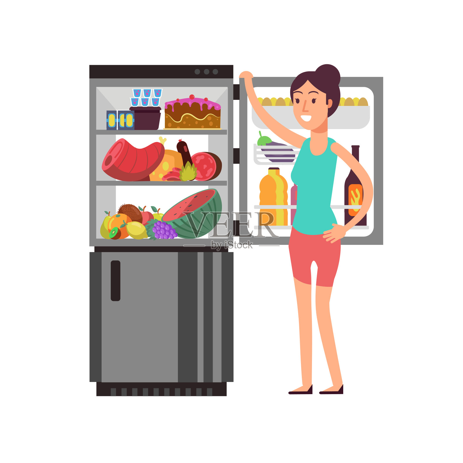 女人想把不健康的食物和零食一起放在冰箱里。人们在夜间进食的饮食矢量概念插画图片素材