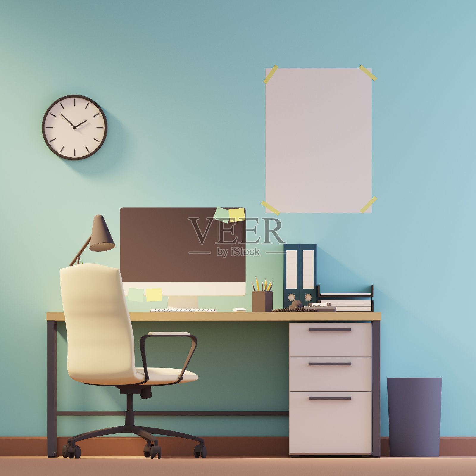 蓝色墙壁的家庭办公室，海报插画图片素材