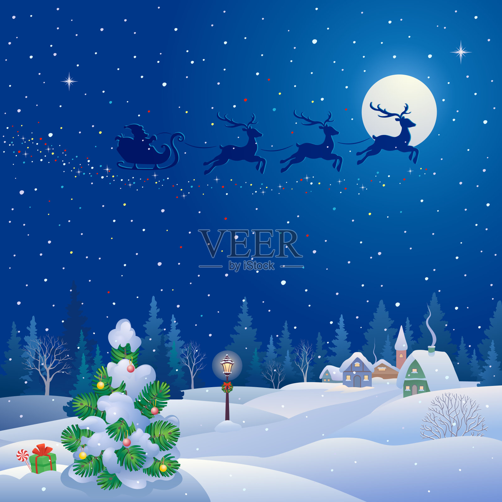 圣诞树和圣诞老人的雪橇插画图片素材
