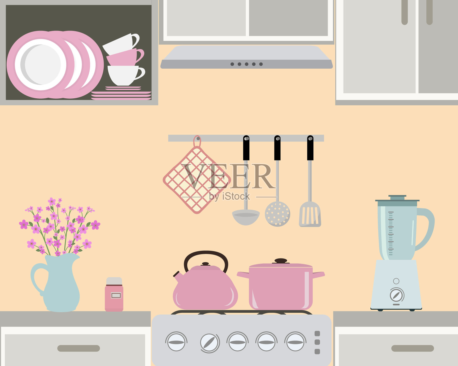 粉色厨房内部的碎片。静物画插画图片素材