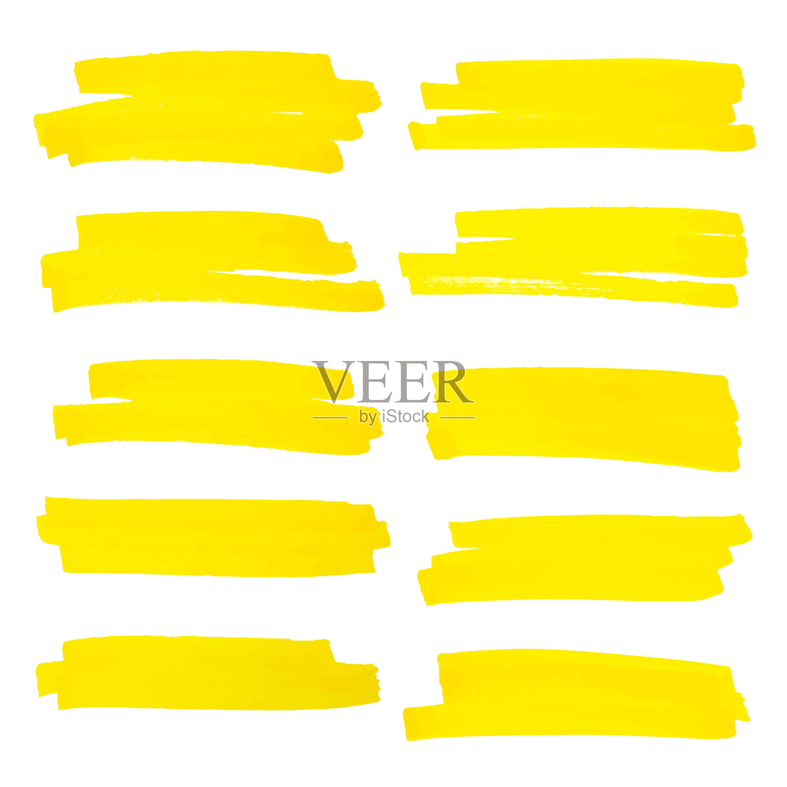 矢量高亮笔刷线。用记号笔突出描线。黄色水彩手绘高亮集。插画图片素材