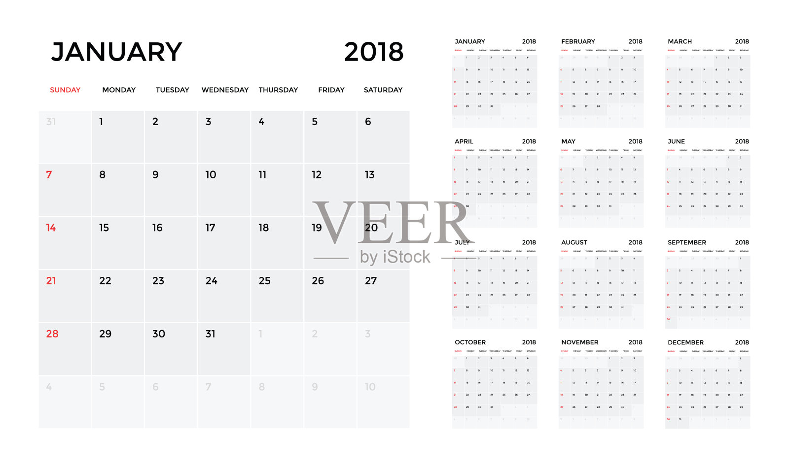 2018年日历模板。日程计划。向量设计模板素材
