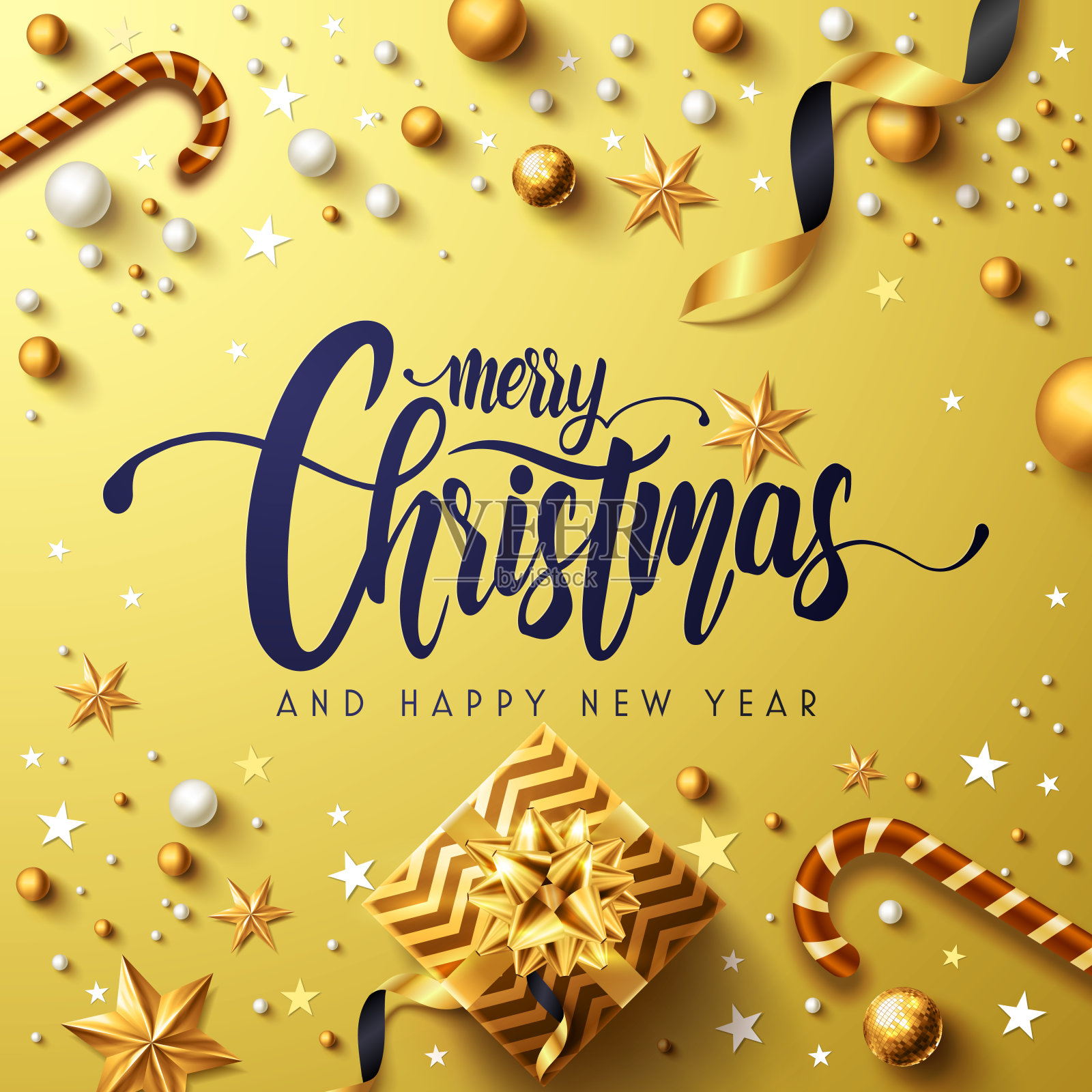 圣诞快乐、新年快乐的金色海报，配有金色礼盒、丝带和圣诞装饰元素。矢量插图EPS10设计模板素材