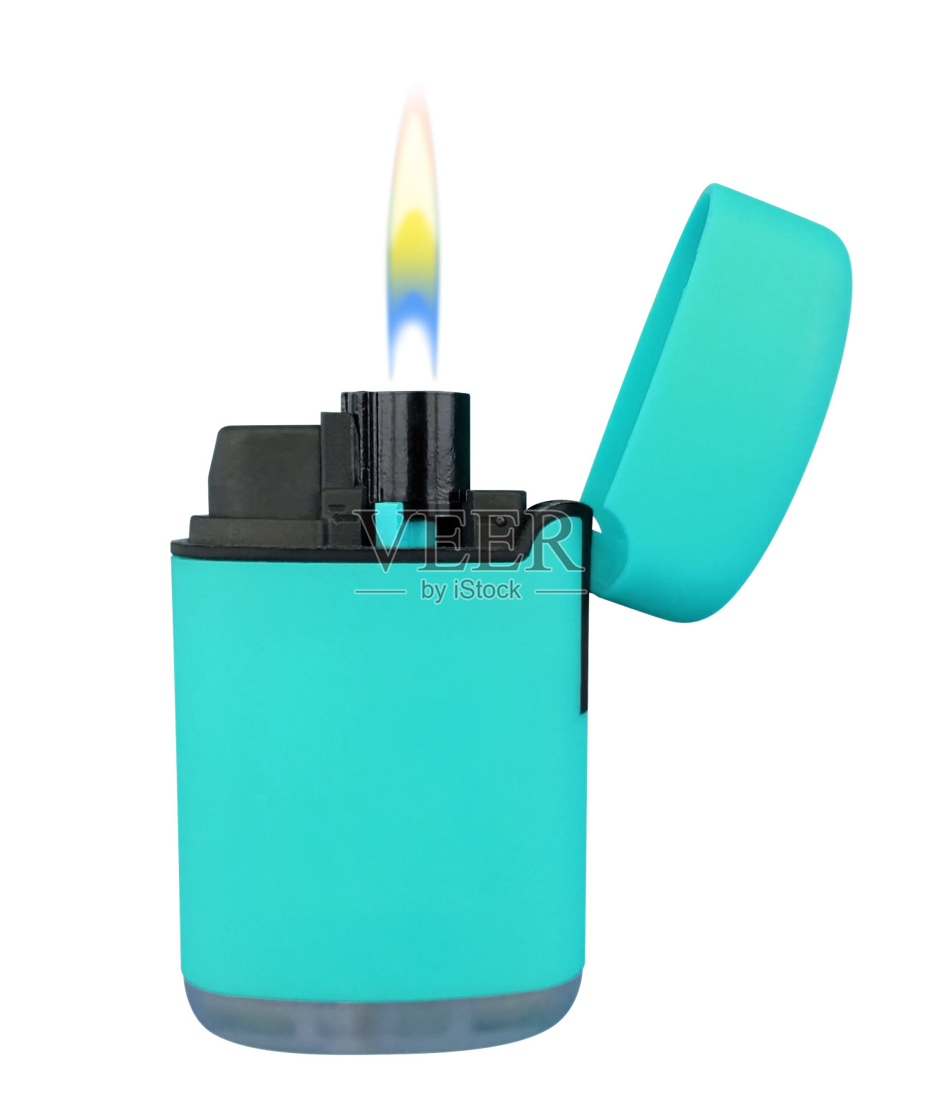 塑料气体打火机与火焰-浅蓝色照片摄影图片
