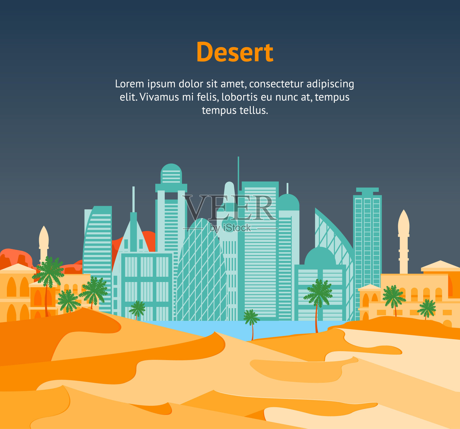 卡通阿拉伯城市的风景背景卡片海报。向量插画图片素材