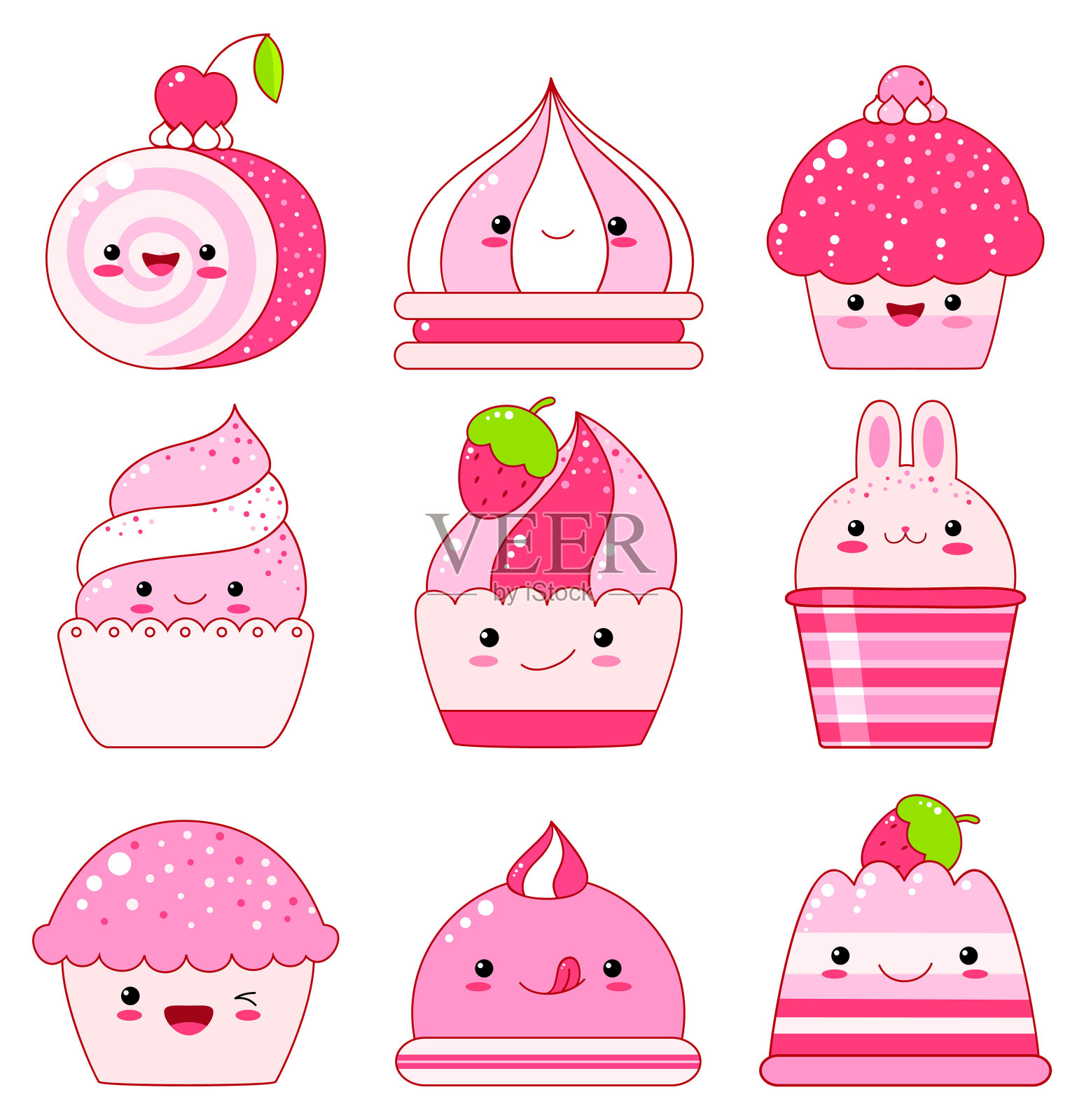 果冻，冰淇淋，棉花糖，草莓纸杯蛋糕插画图片素材