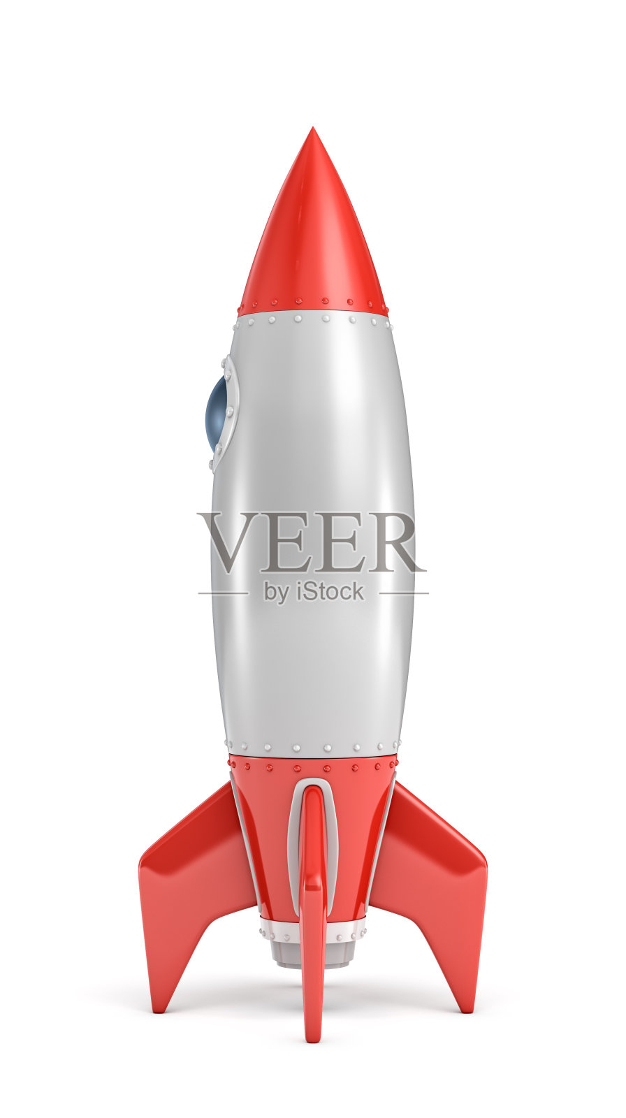 一个银色和红色的火箭船的3d渲染与一个圆形的舷窗站在一个白色的背景。设计元素图片