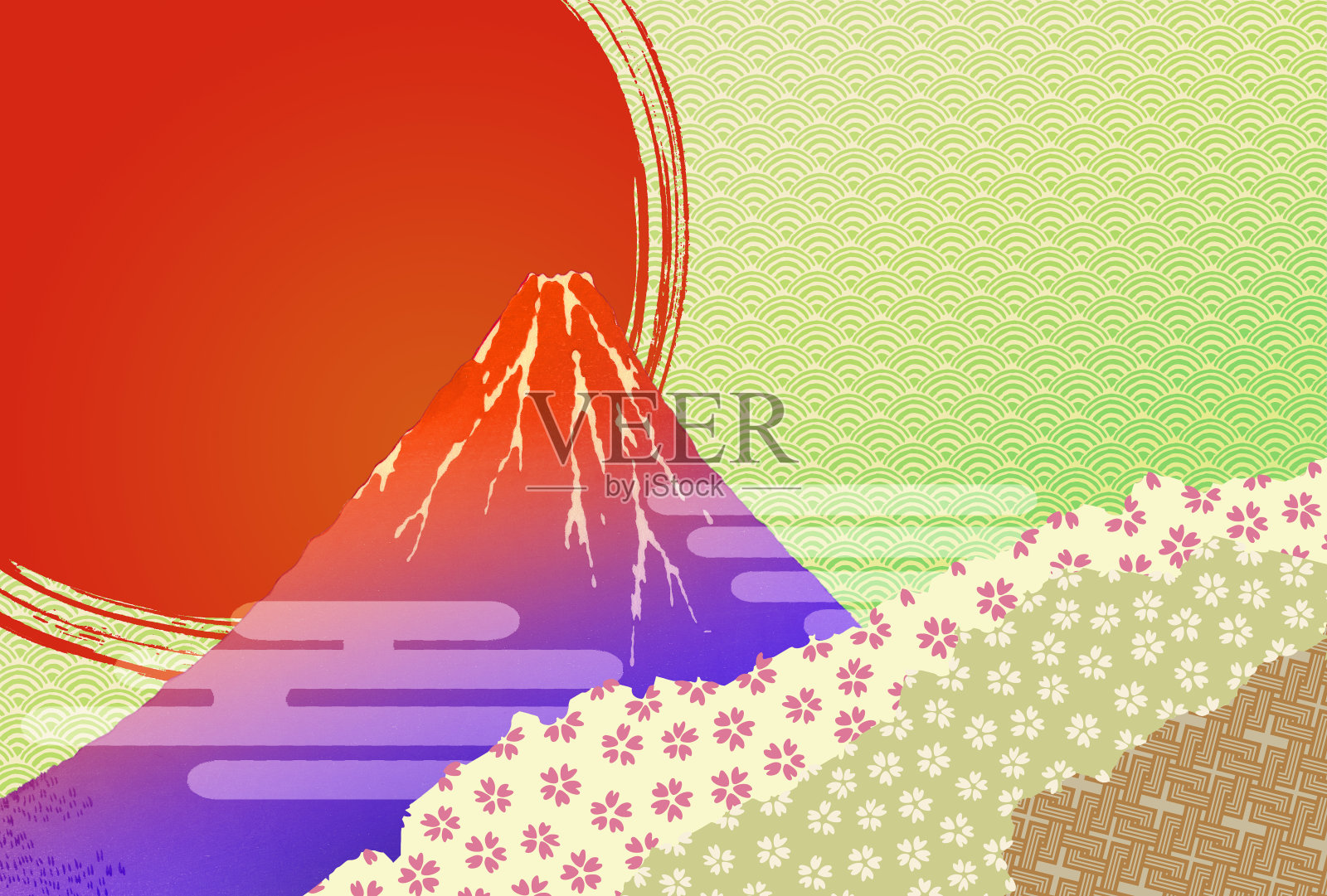 新年的形象绿波和富士山插画图片素材