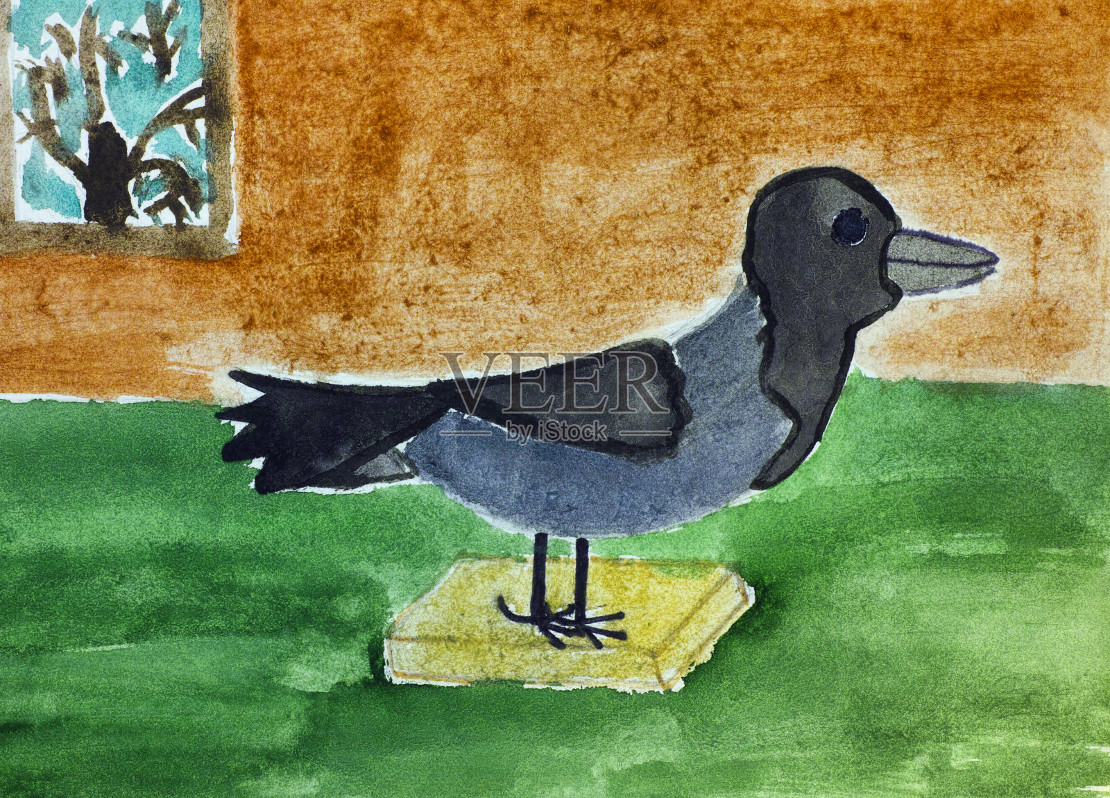 绿色桌子上的乌鸦标本。儿童水彩手绘。插画图片素材