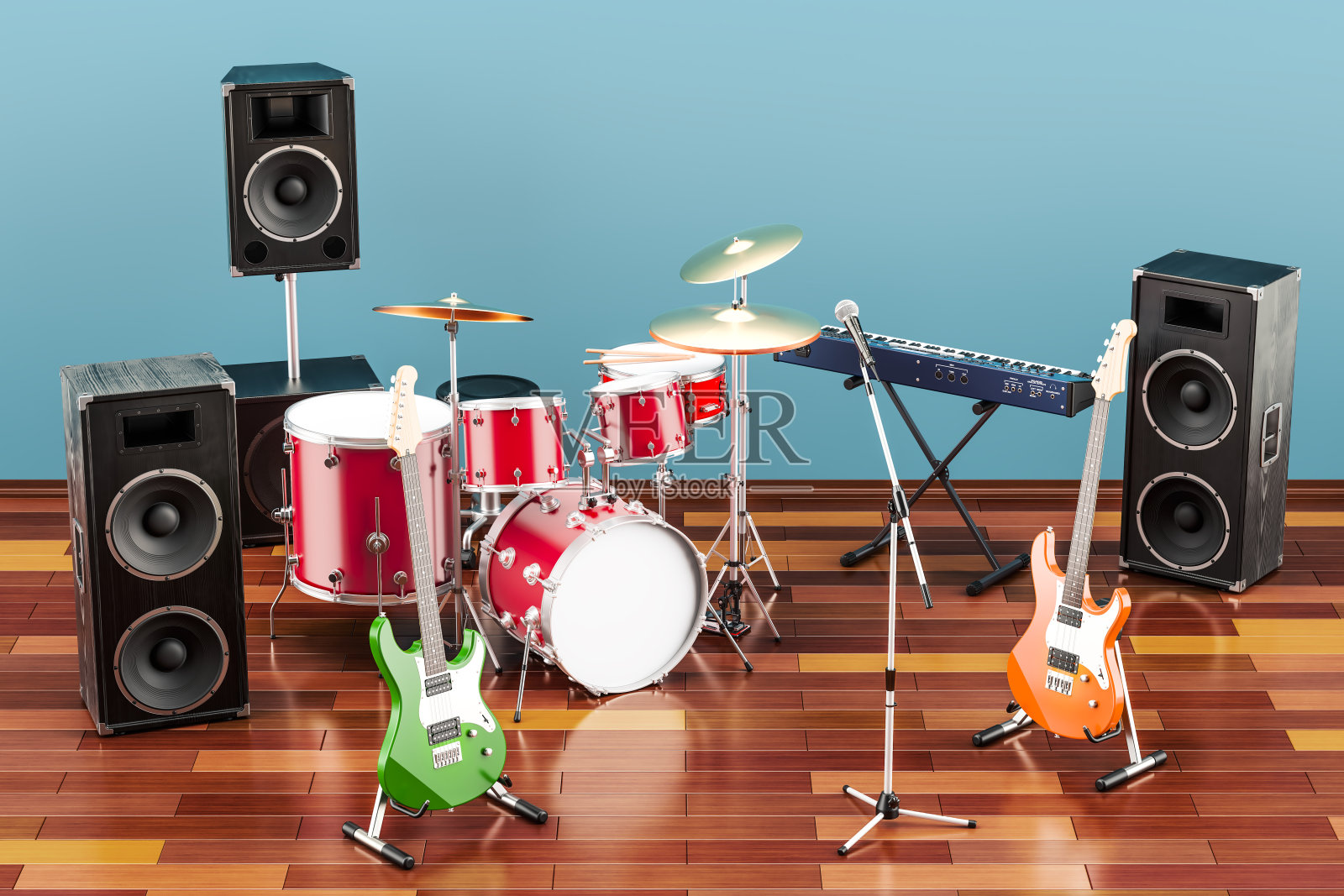 在房间的木地板上设置不同的乐器和设备，3D渲染插画图片素材