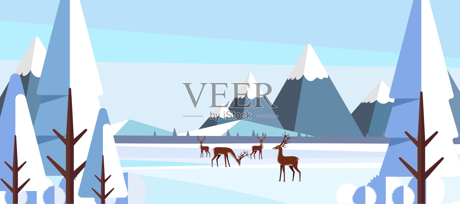 冬季景观与鹿在平面风格插图插画图片素材
