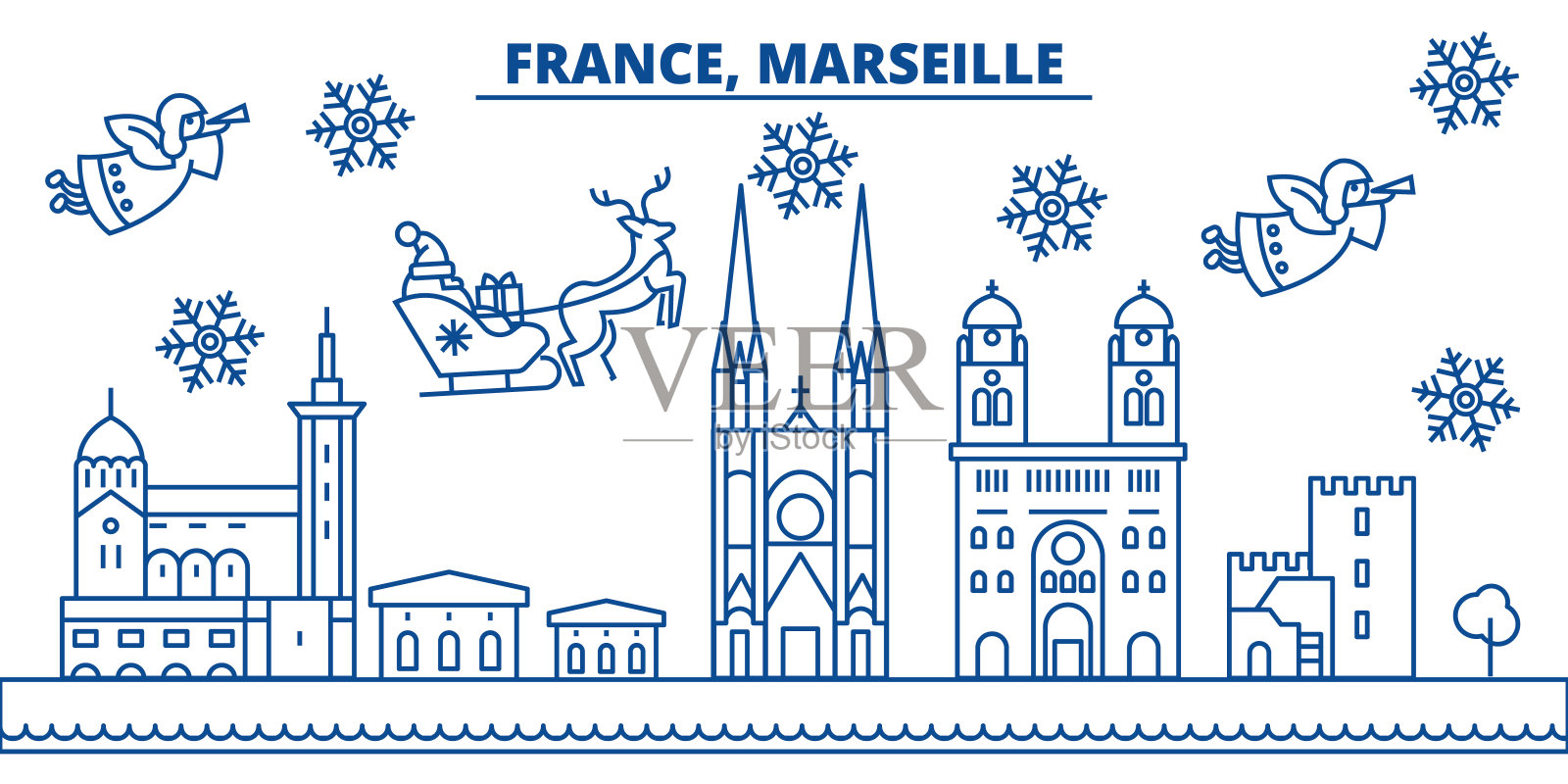 法国，马赛冬季城市的天际线。圣诞快乐，新年快乐横幅上装饰着圣诞老人。冬季贺卡。平,轮廓向量。线形圣诞雪插画插画图片素材