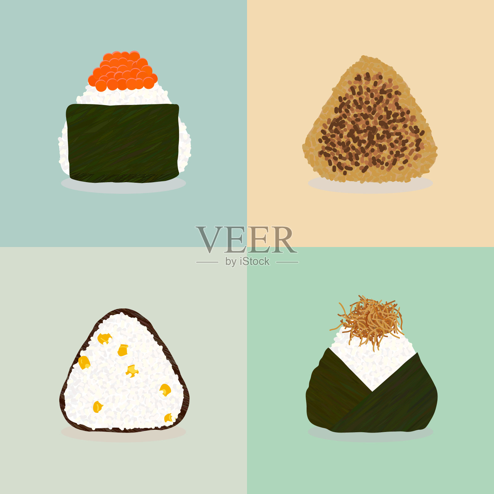 饭团。日本料理。四个饭团的类型。插画图片素材