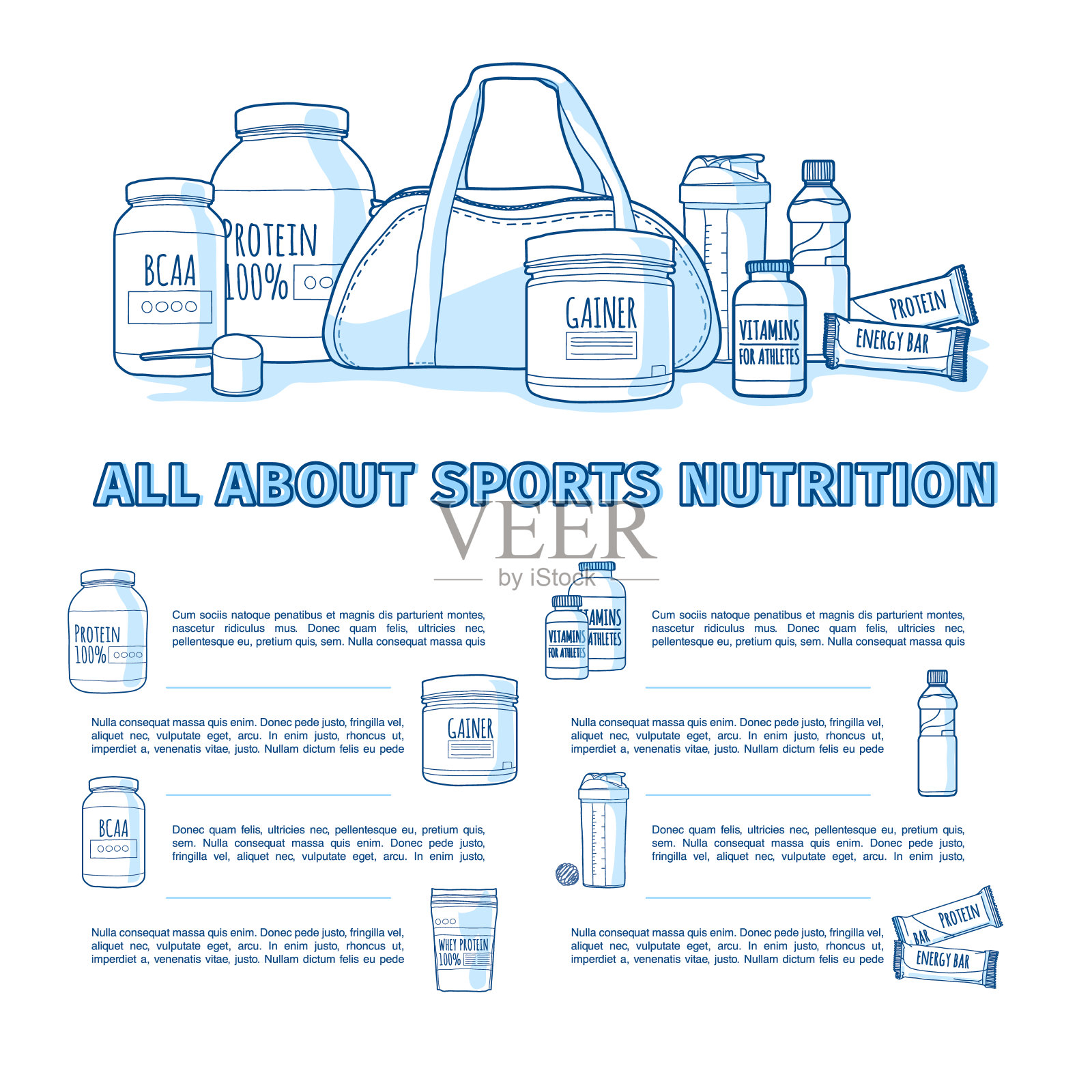 运动营养横幅设计。运动员健康营养资讯图。关于健美者饮食中补充和维生素的传单模板或小册子。向量。插画图片素材