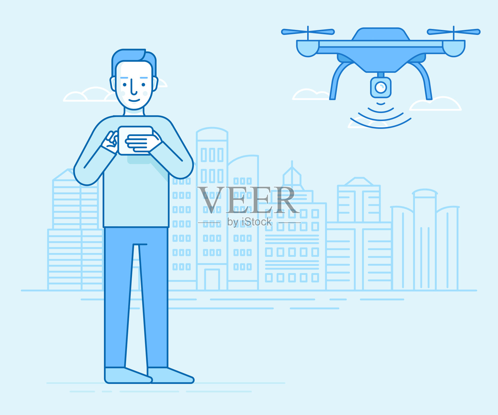 人控制着飞行控制器和无人机在城市上空飞行插画图片素材