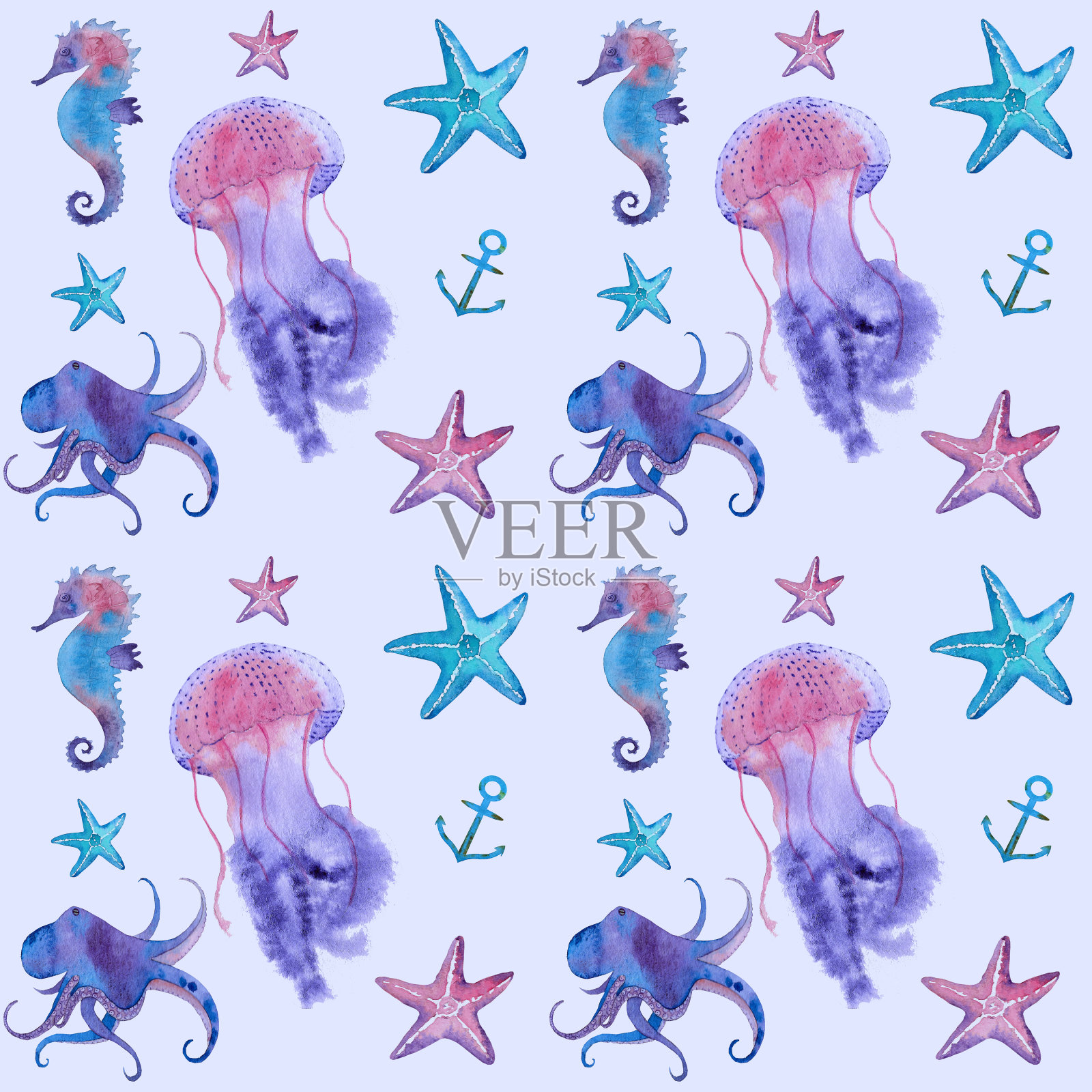 水彩航海图案在紫色的背景与水母和海马插画图片素材