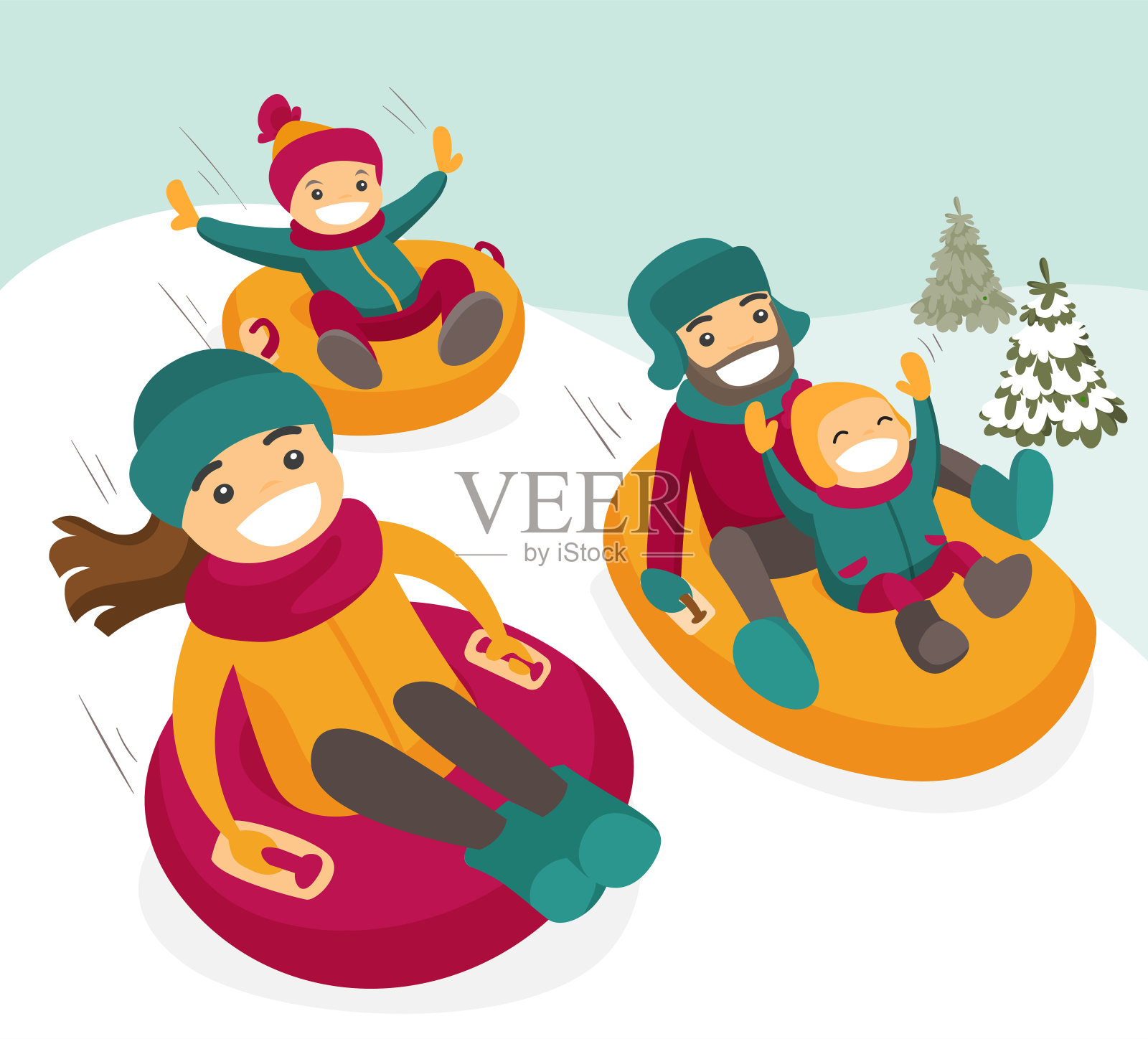 一个白人家庭从山上滑下来插画图片素材