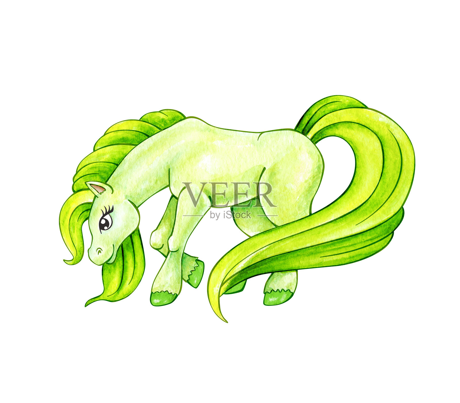 有趣的绿色的小马。小马水彩画插图插画图片素材