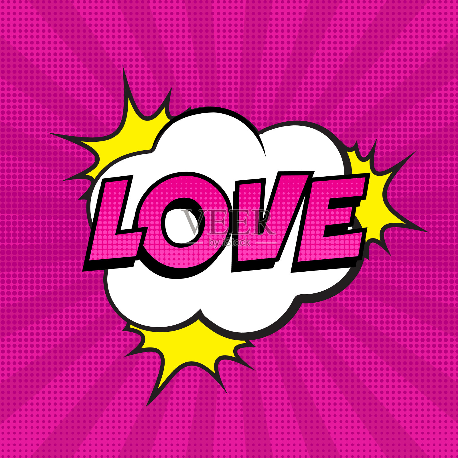 复古喜剧演讲气泡与爱的表达文字上五颜六色的半色调粉红条纹背景与星星。插画图片素材