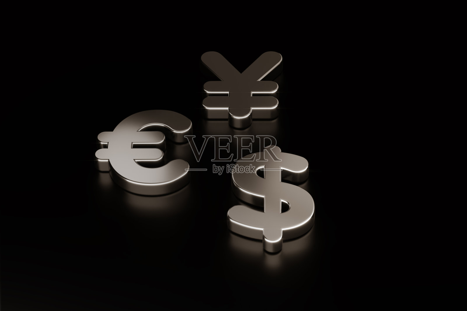 黑色背景上的日元、欧元和美元符号照片摄影图片