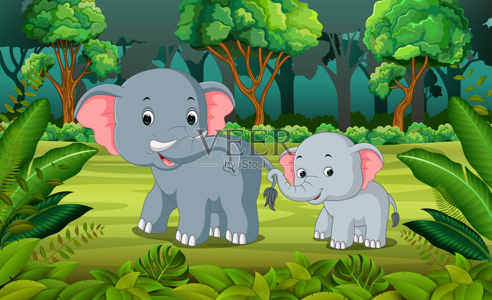 森林里的大象和小象插画图片素材