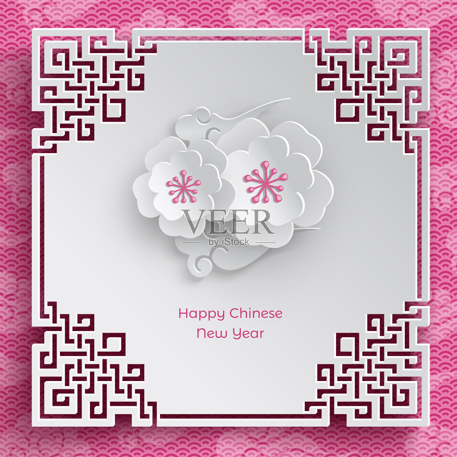 东方框架与两樱花在粉红色的图案背景为中国新年贺卡，剪纸风格。矢量，说明中国新年设计模板素材