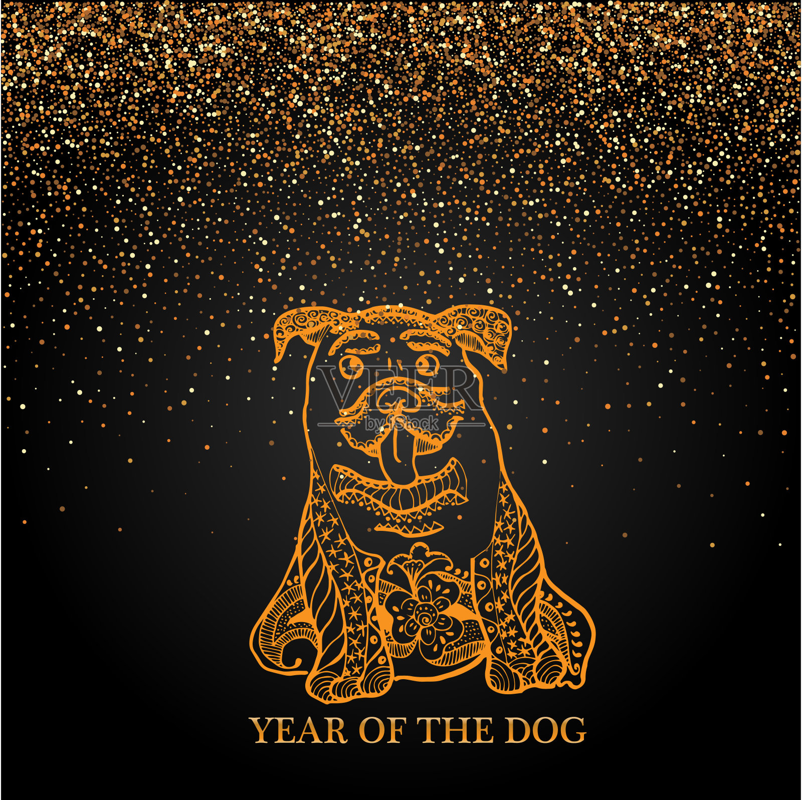 新年快乐和新年狗卡与金色狗在涂鸦风格抽象线条上黑色背景矢量设计插画图片素材