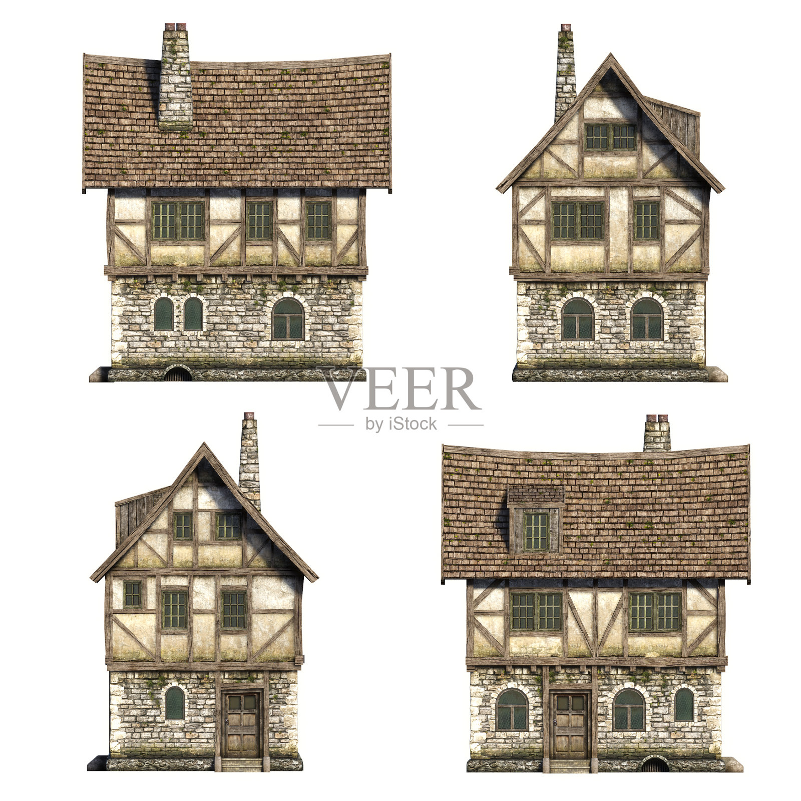 正面中世纪房屋设置。三维演示插画图片素材