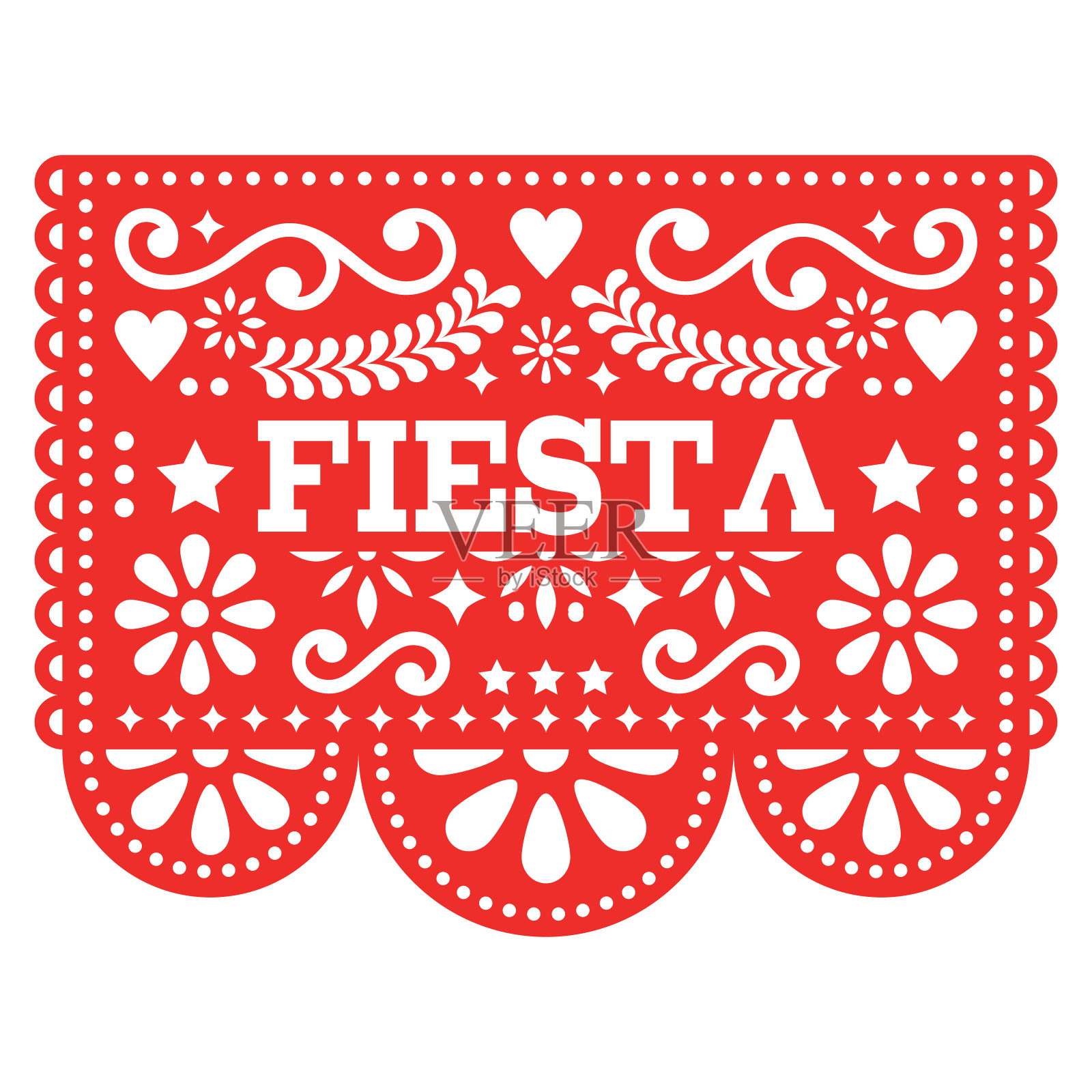 墨西哥节日Papel Picado矢量设计在红色派对花环纸上剪出与花和几何形状插画图片素材